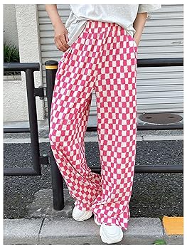 SHENHE Women's Checkered Pants Split Hem Straight Leg